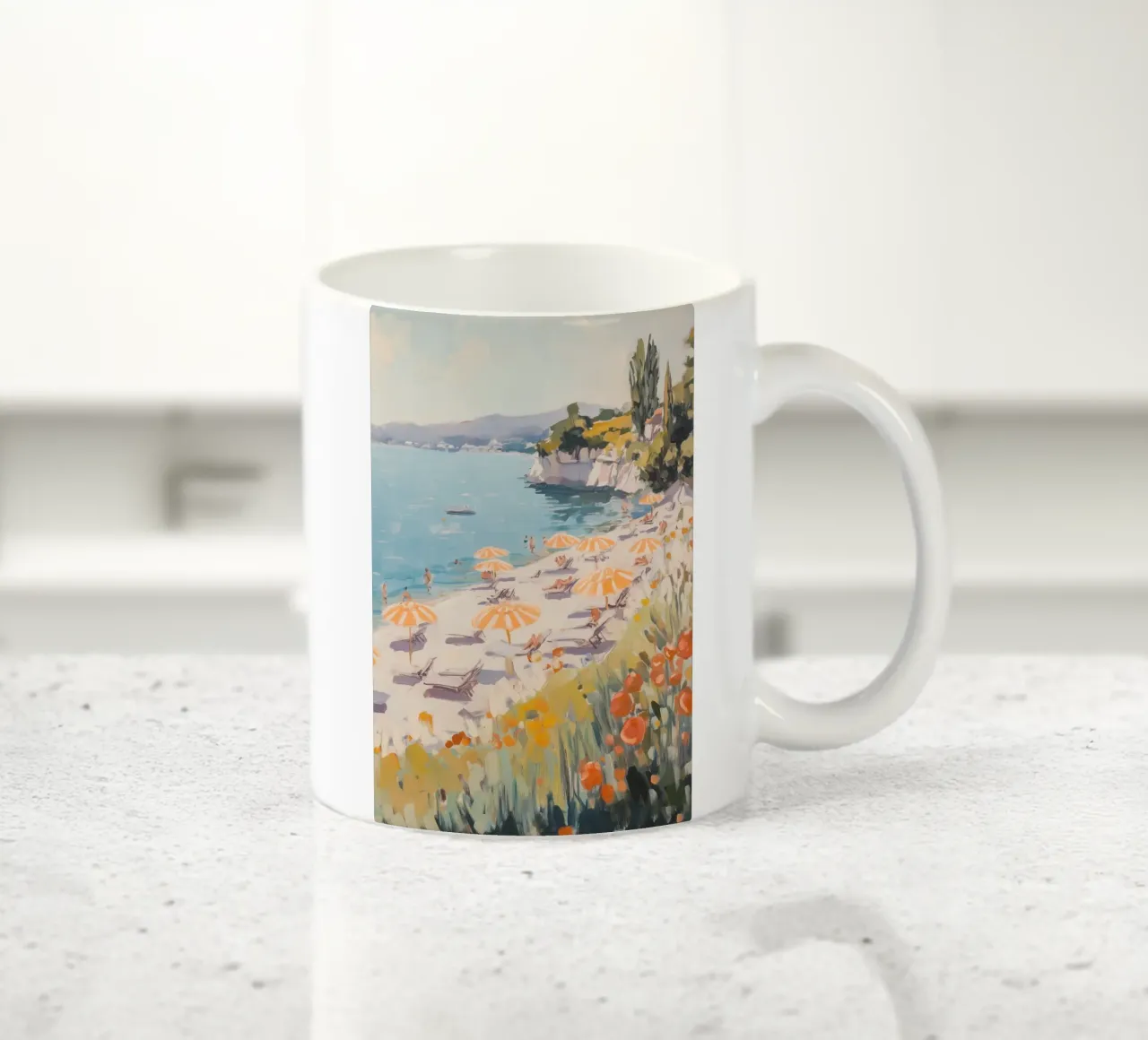 Spiaggia serena con ombrelloni a righe tazza in ceramica da Melloi Art Print