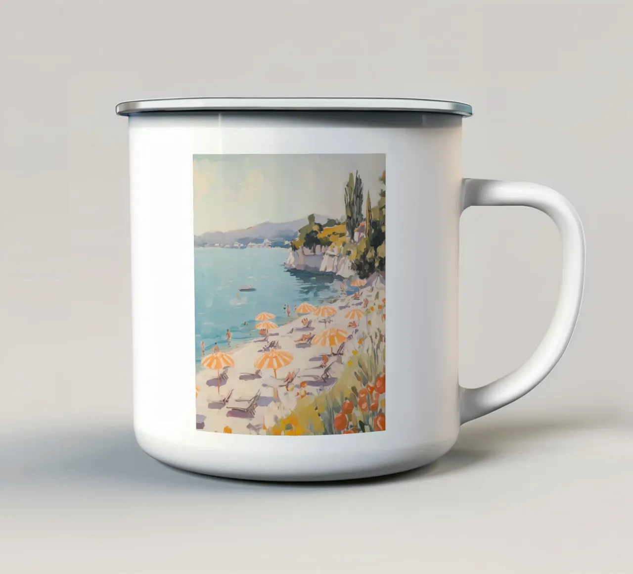 Spiaggia serena con ombrelloni a righe tazza in smalto da Melloi Art Print