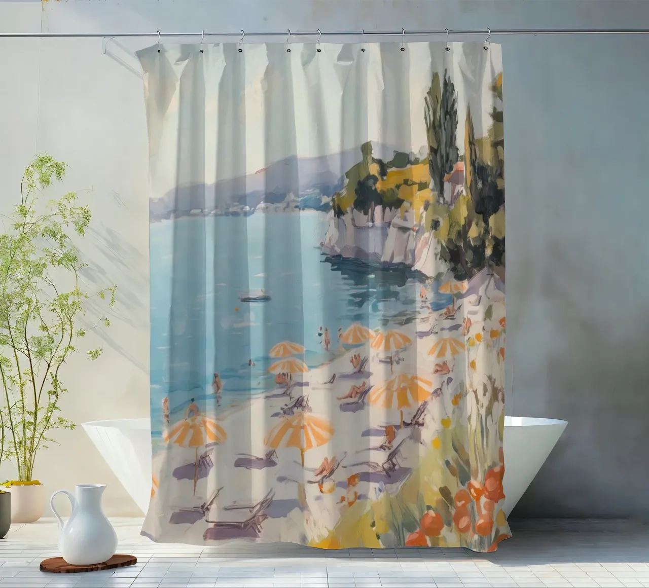 Spiaggia serena con ombrelloni a righe tenda da doccia da Melloi Art Print