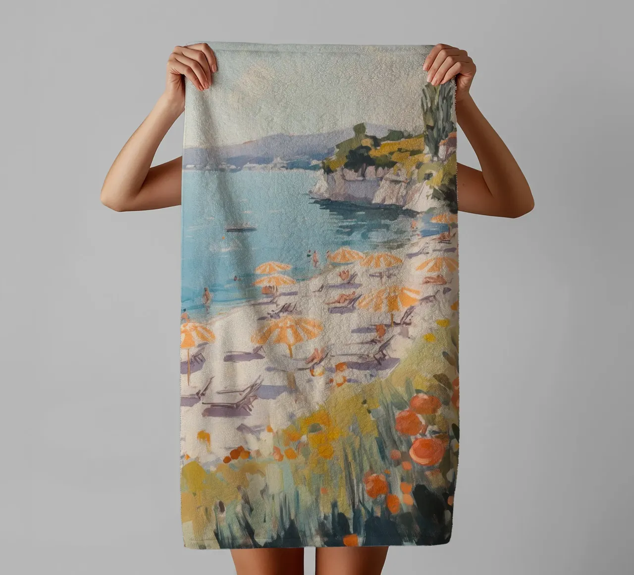 Spiaggia serena con ombrelloni a righe asciugamano da bagno da Melloi Art Print