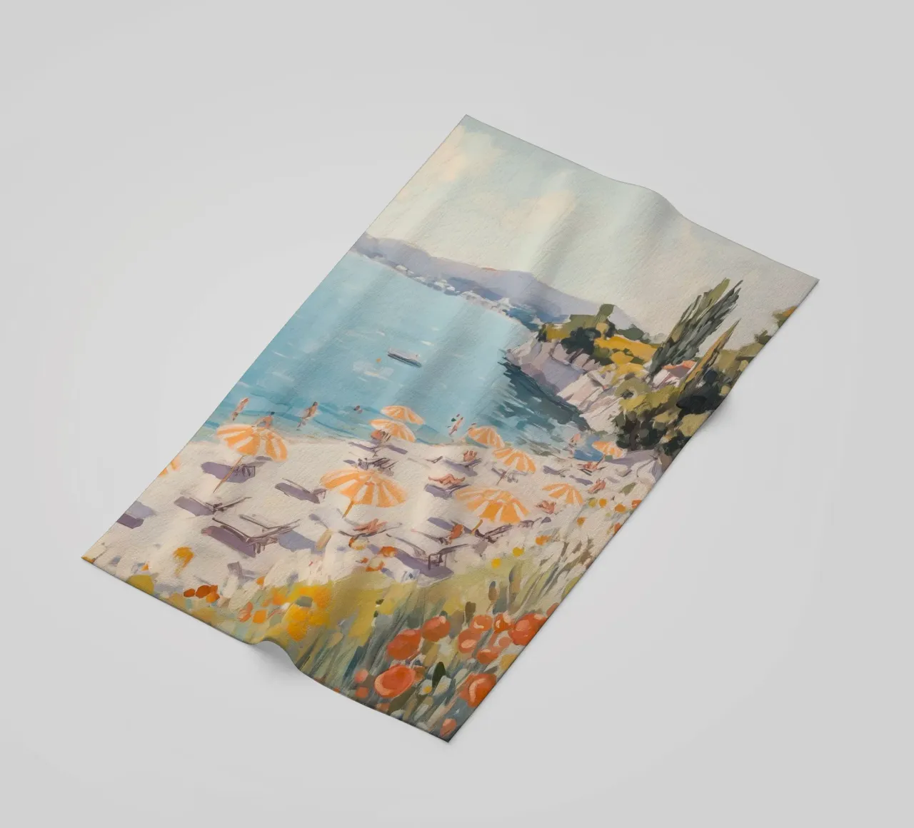 Spiaggia serena con ombrelloni a righe telo mare da Melloi Art Print