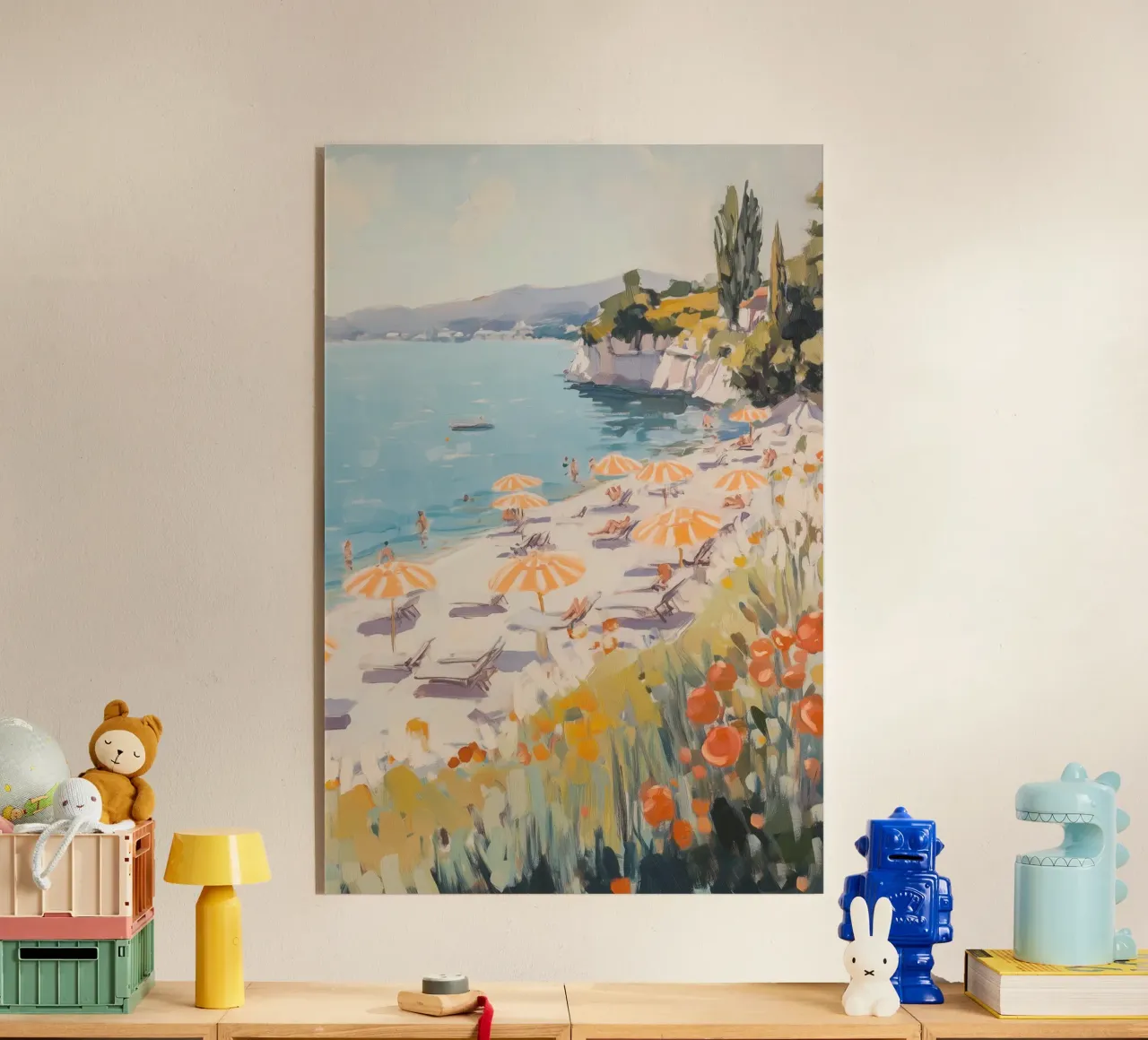 Spiaggia serena con ombrelloni a righe plexiglass da Melloi Art Print