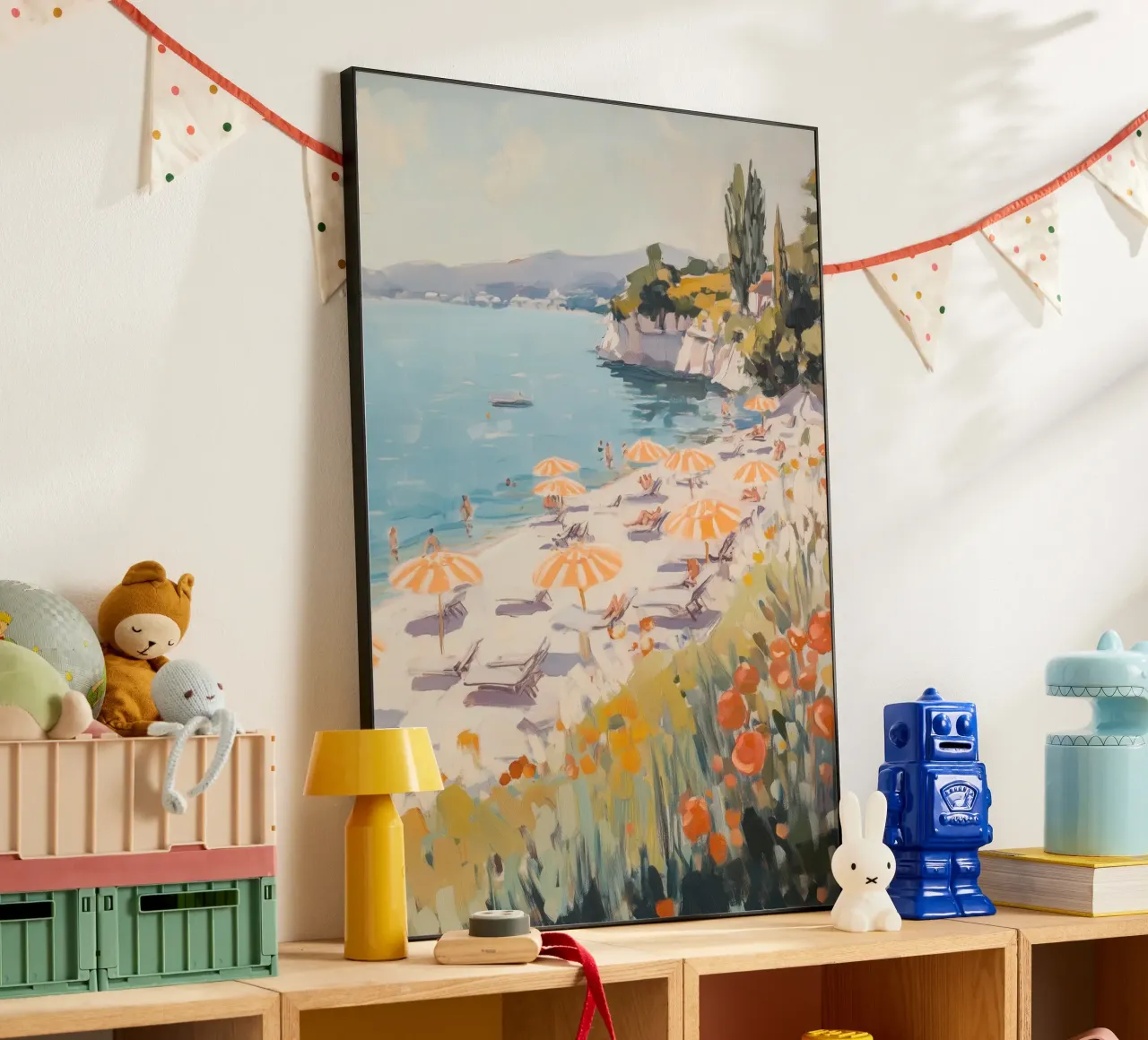 Spiaggia serena con ombrelloni a righe alluminio dibond da Melloi Art Print