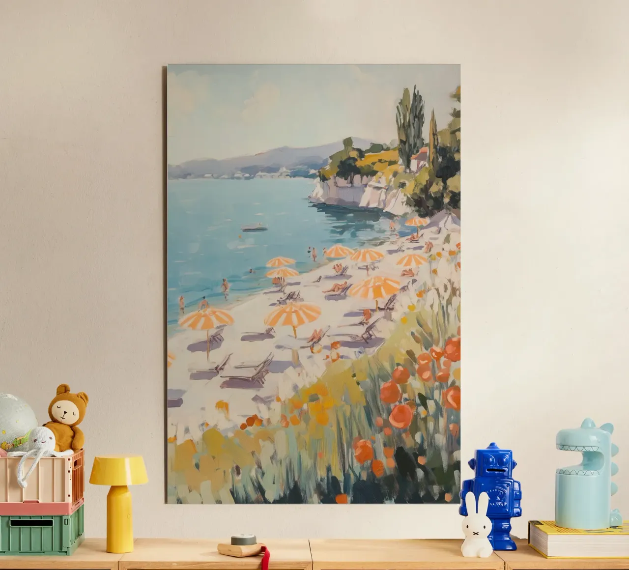 Spiaggia serena con ombrelloni a righe alluminio dibond da Melloi Art Print