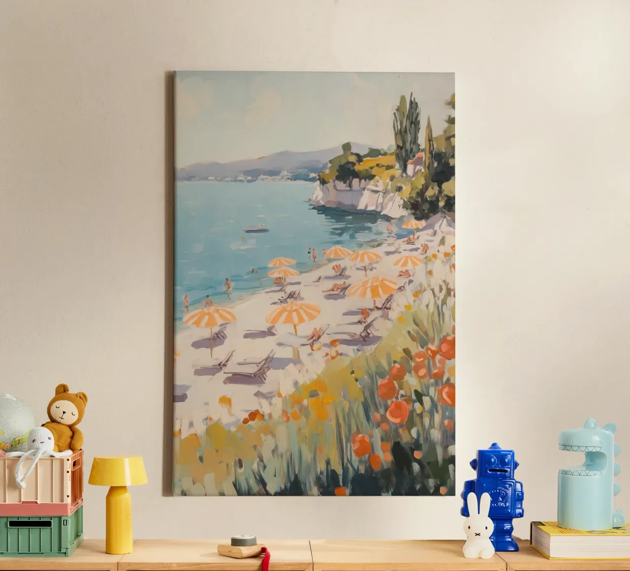 Spiaggia serena con ombrelloni a righe tela da Melloi Art Print