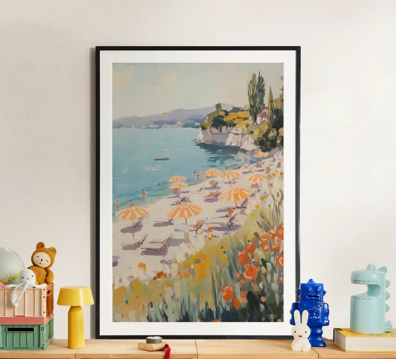 Spiaggia serena con ombrelloni a righe carta hahnemühle da Melloi Art Print