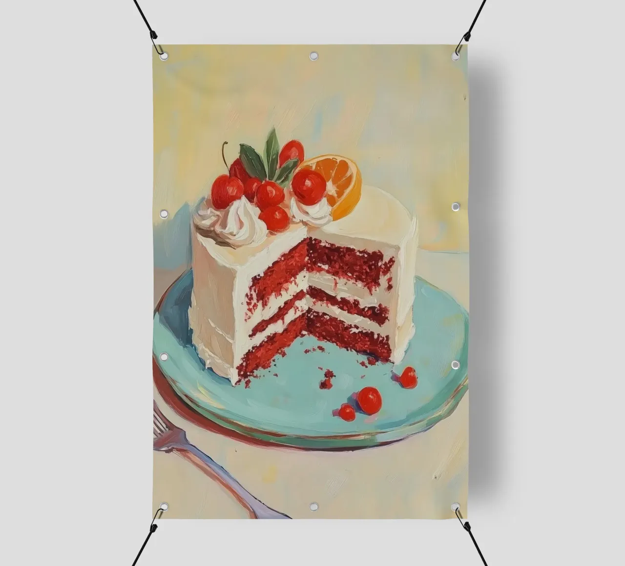 Roter Samtkuchen mit Zuckerguss PVC Plane von Melloi Art Print