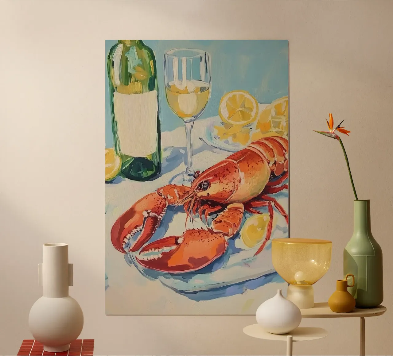 Aragosta e vino poster con telaio in alluminio da Melloi Art Print