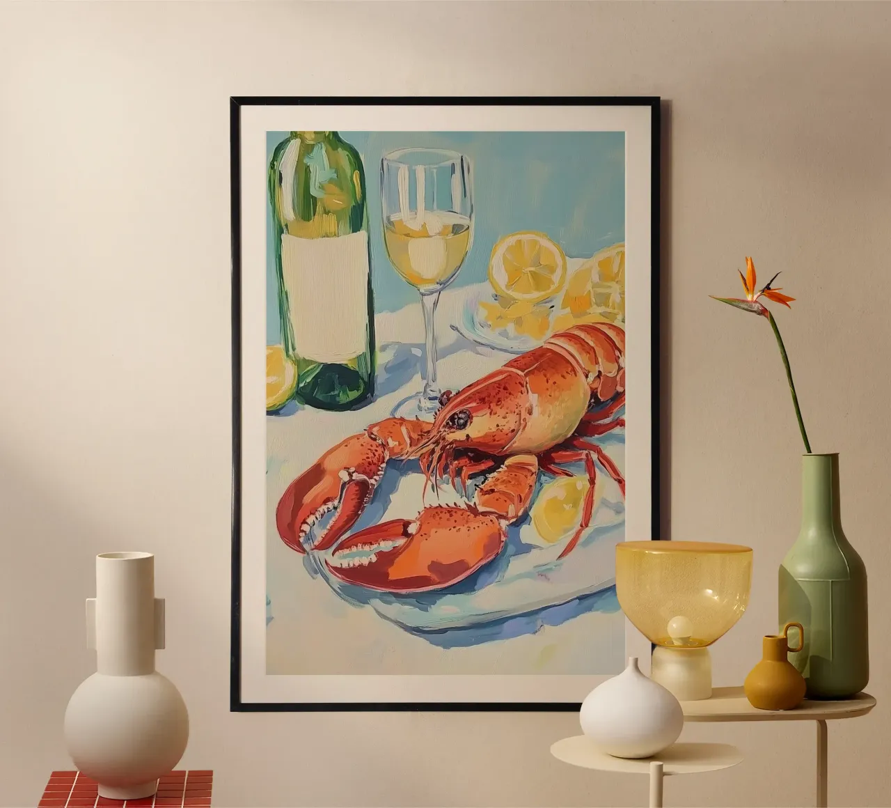 Aragosta e vino poster con telaio in alluminio da Melloi Art Print