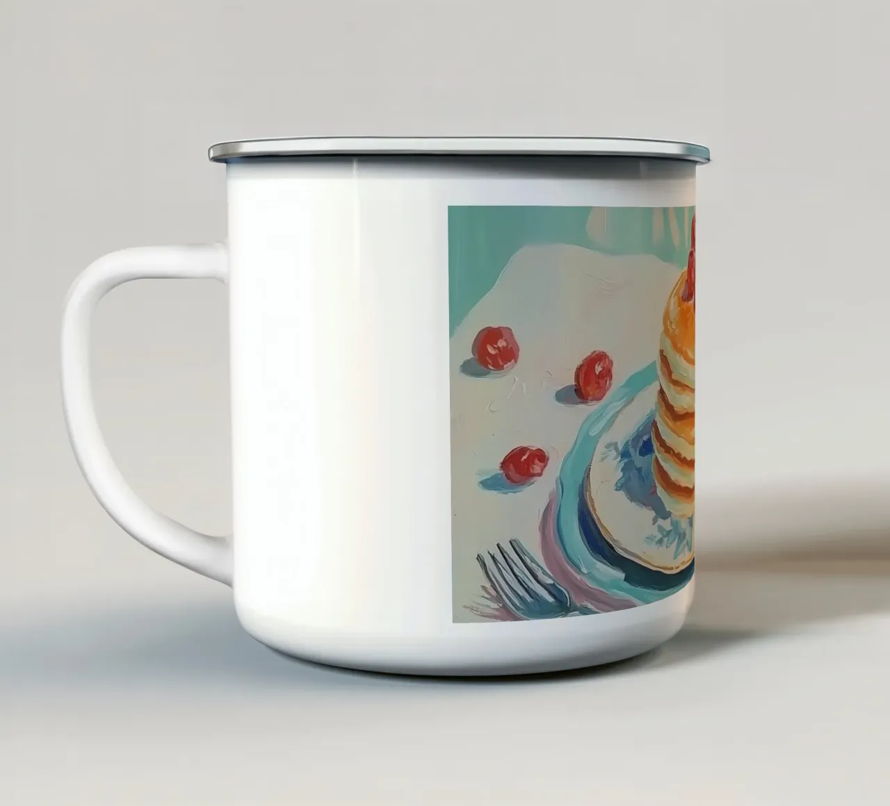 Pfannkuchenstapel mit Kirschen Emaille Tasse von Melloi Art Print