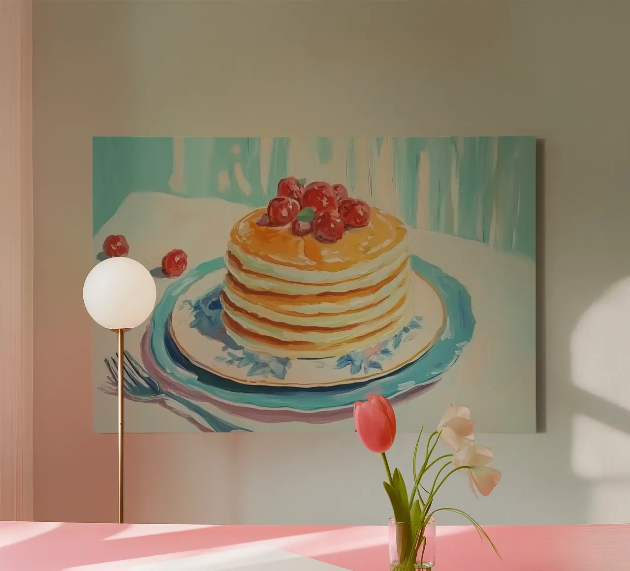 Stack of Pancakes with Cherries canvas by Melloi Art Print