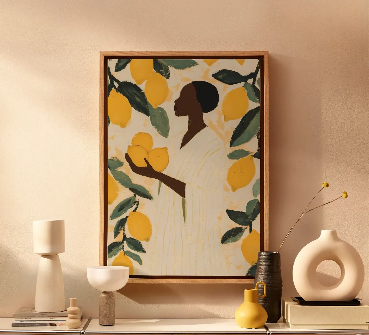 Donna nera con limoni tela con Cornice a cassetta da IamHomeStudio