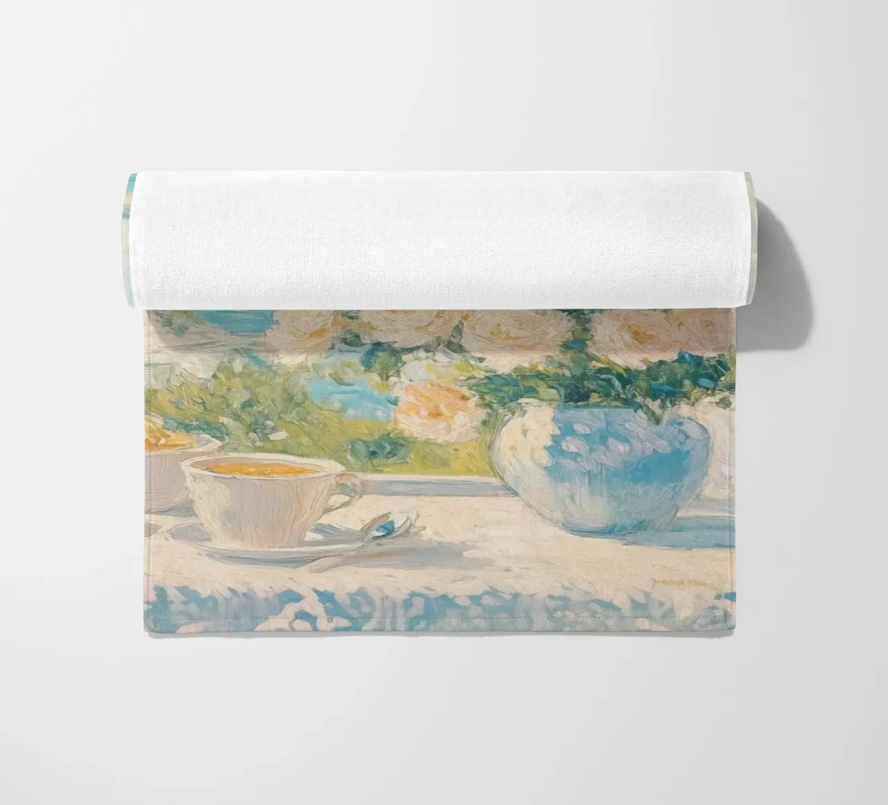 Friedliche Küstenlandschaft mit Blick aufs Land Strandtuch von Melloi Art Print
