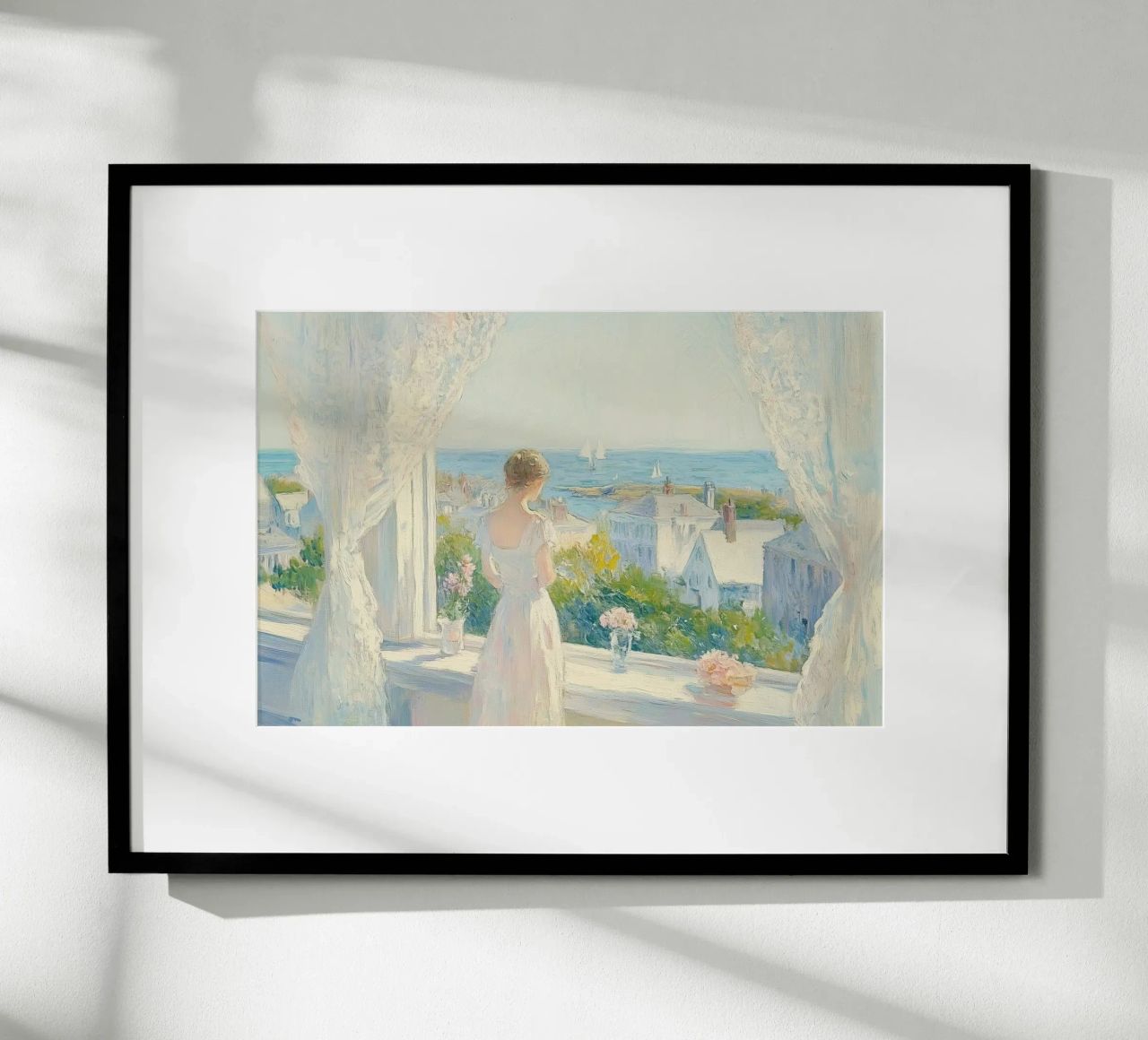 Woman at Window Overlooking Coastal Town poster by Melloi Art Print
