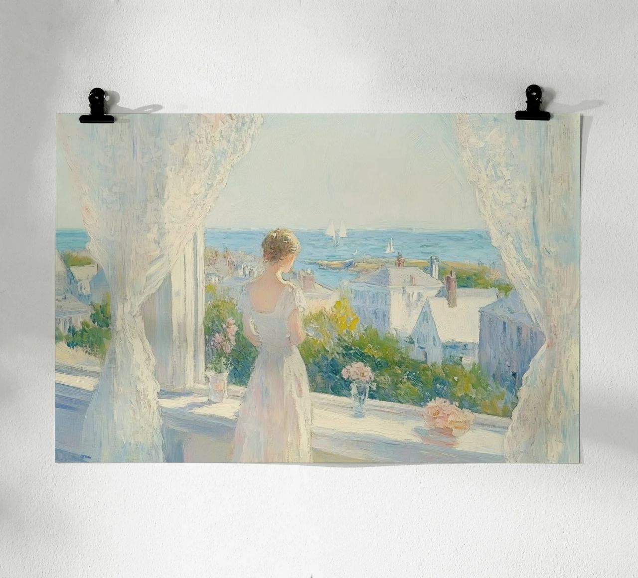 Woman at Window Overlooking Coastal Town poster by Melloi Art Print