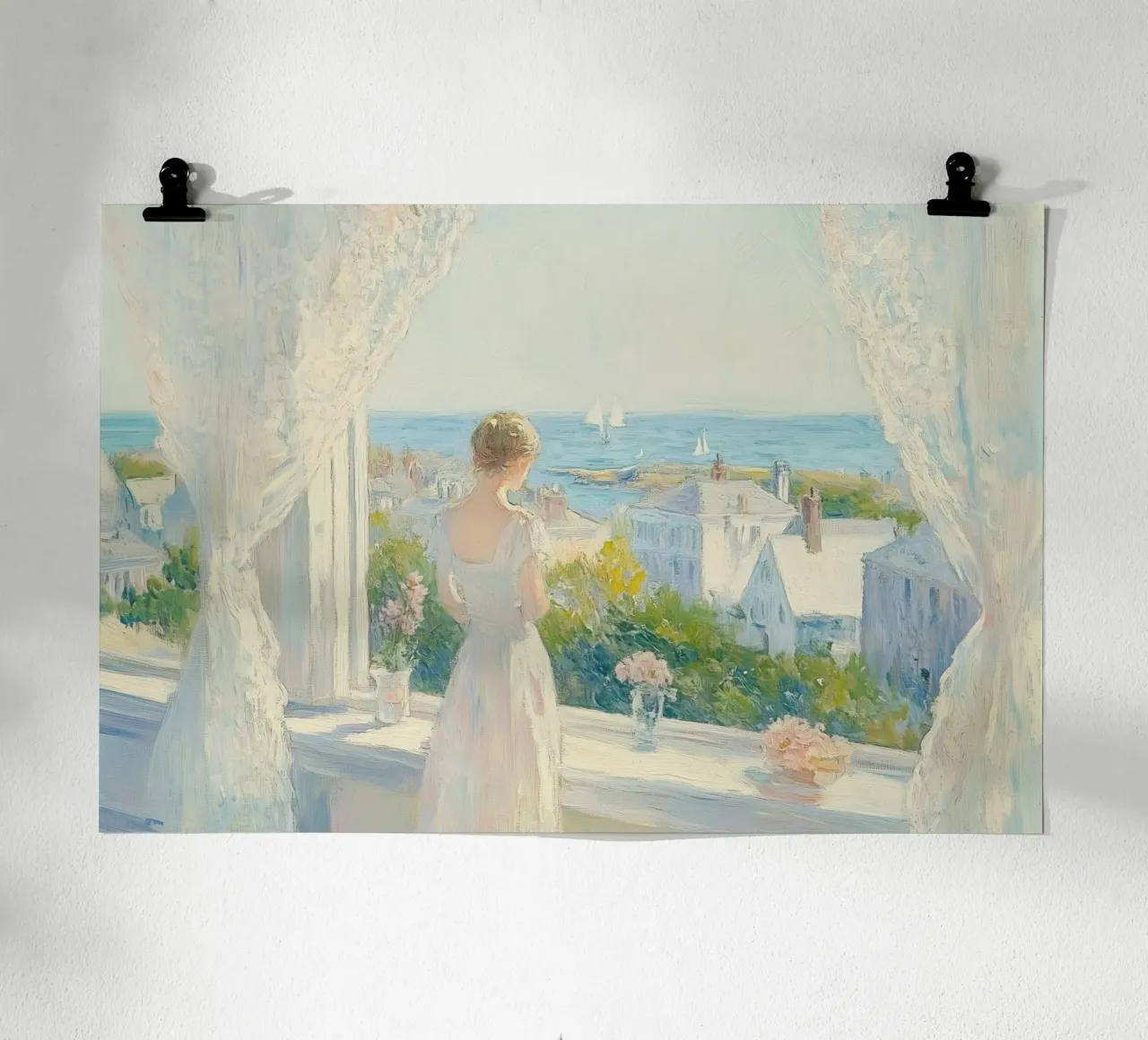 Mujer en una ventana con vistas a una ciudad costera poster de Melloi Art Print