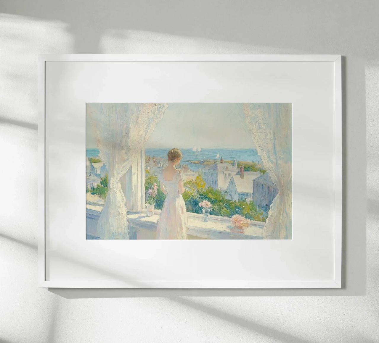 Woman at Window Overlooking Coastal Town poster by Melloi Art Print