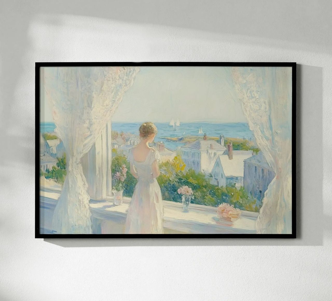 Woman at Window Overlooking Coastal Town poster by Melloi Art Print