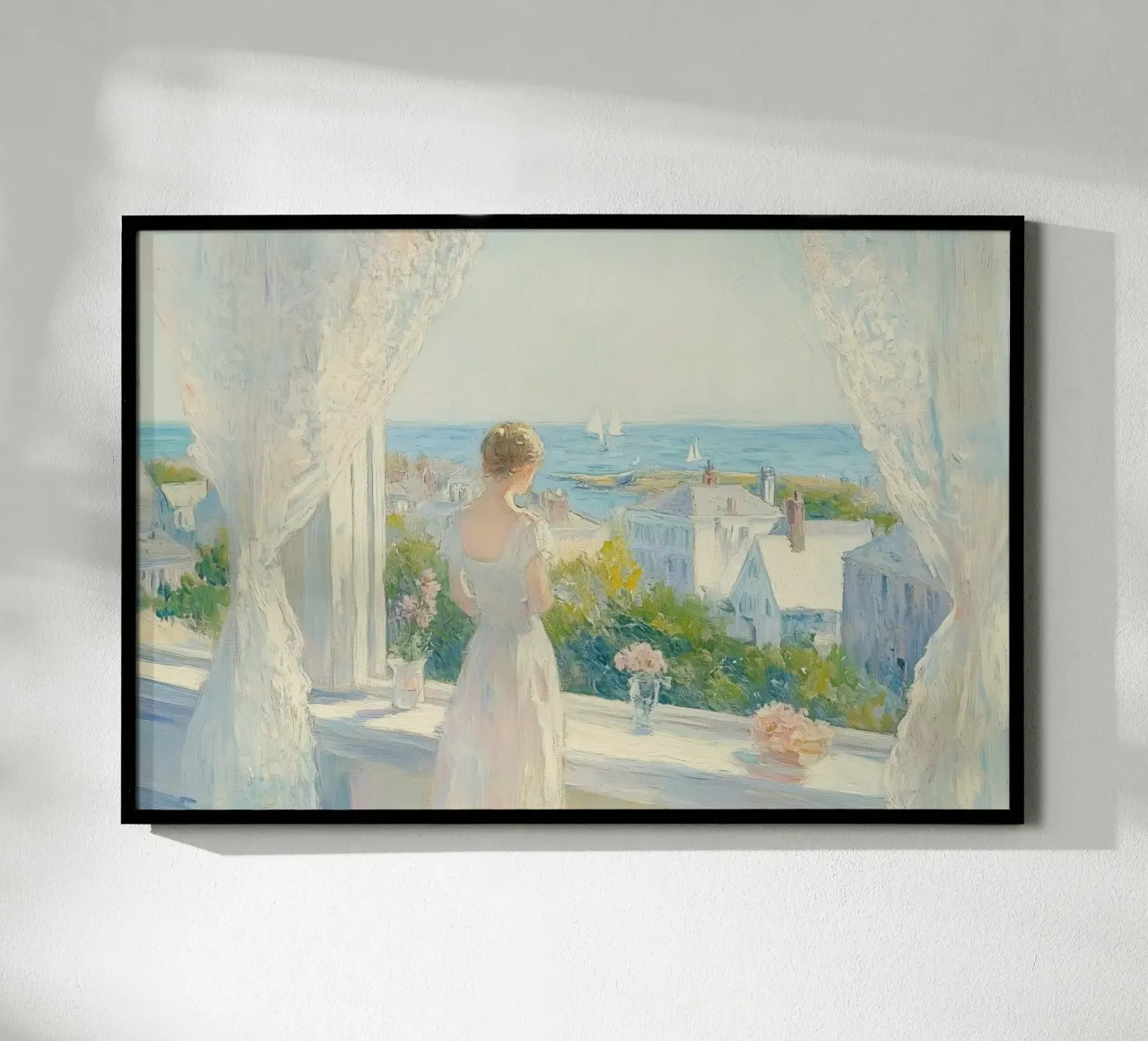 Mujer en una ventana con vistas a una ciudad costera poster de Melloi Art Print