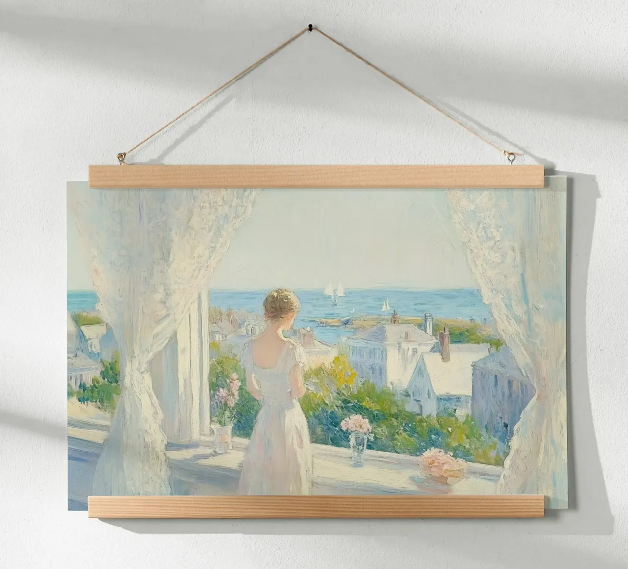 Mujer en una ventana con vistas a una ciudad costera poster de Melloi Art Print