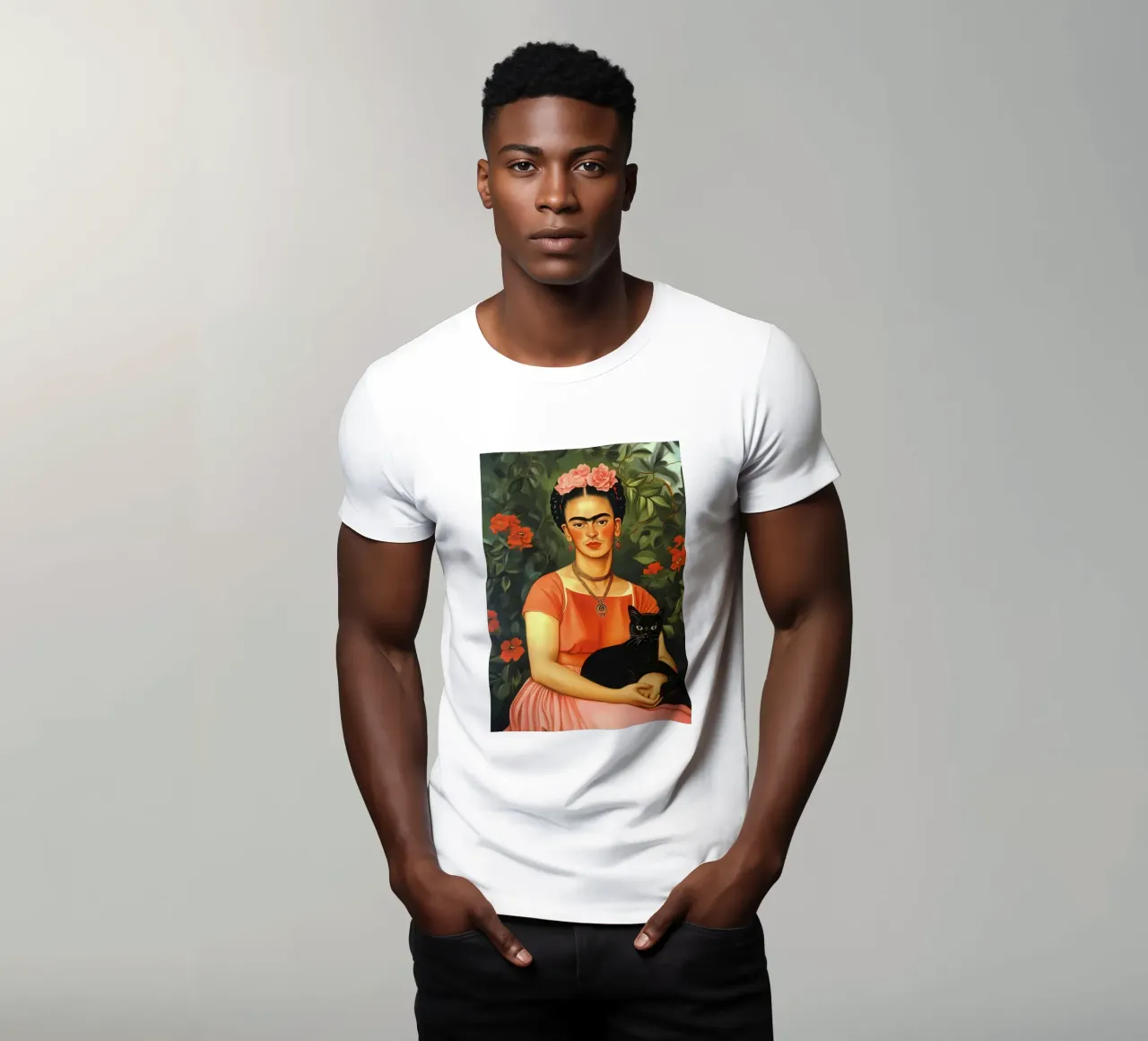Frida Kahlo with Black Cat portrait t-shirt da IamHomeStudio