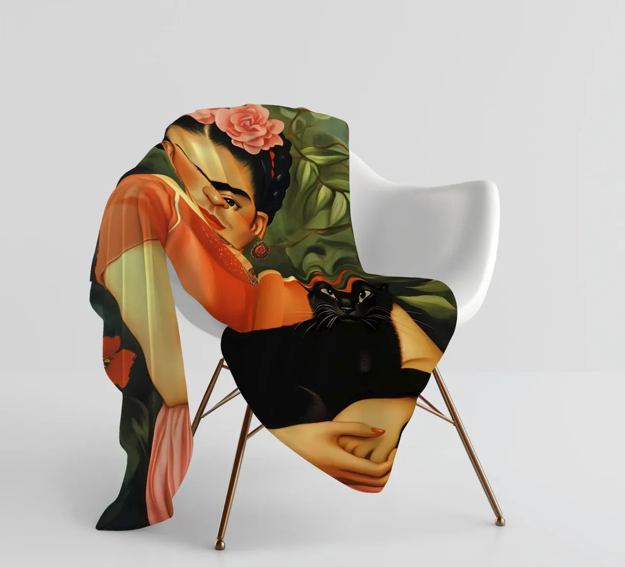 Frida Kahlo with Black Cat portrait coperta in pile da IamHomeStudio