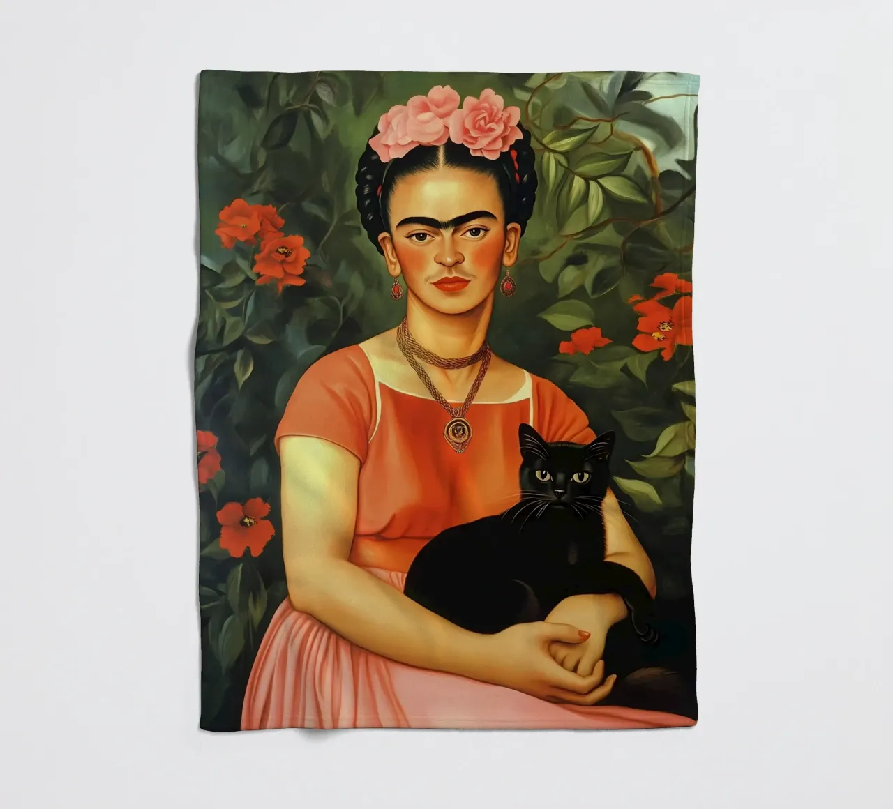 Frida Kahlo with Black Cat portrait coperta in pile da IamHomeStudio