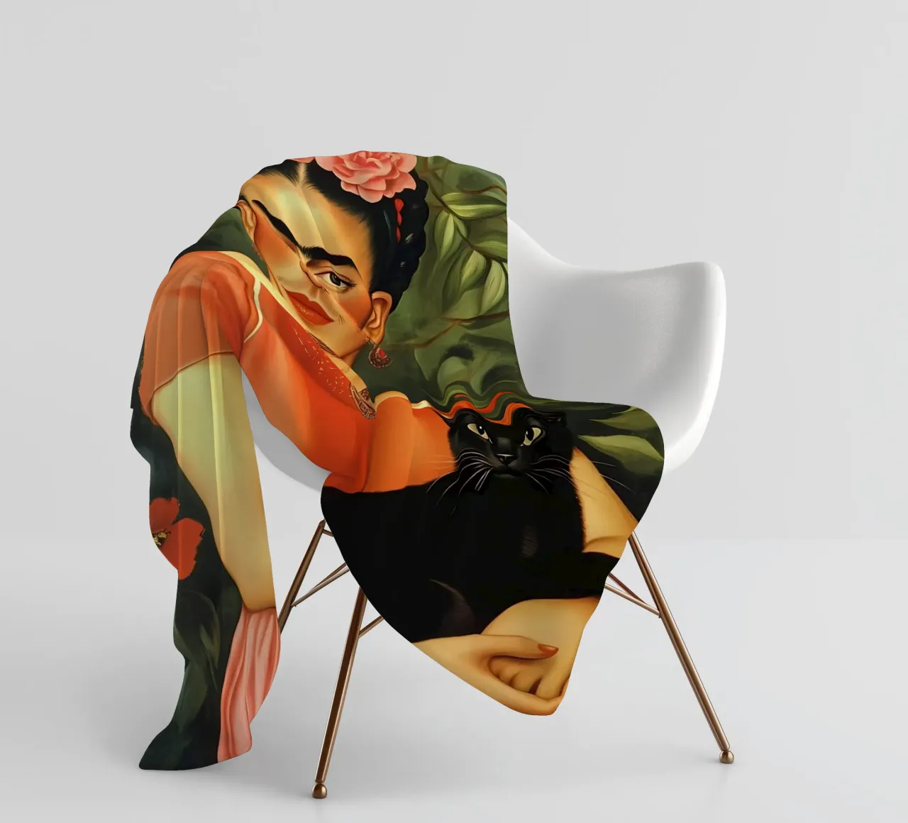Frida Kahlo with Black Cat portrait coperta in pile da IamHomeStudio