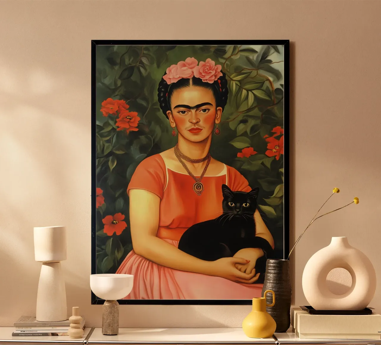 Frida Kahlo with Black Cat portrait carta hahnemühle da IamHomeStudio