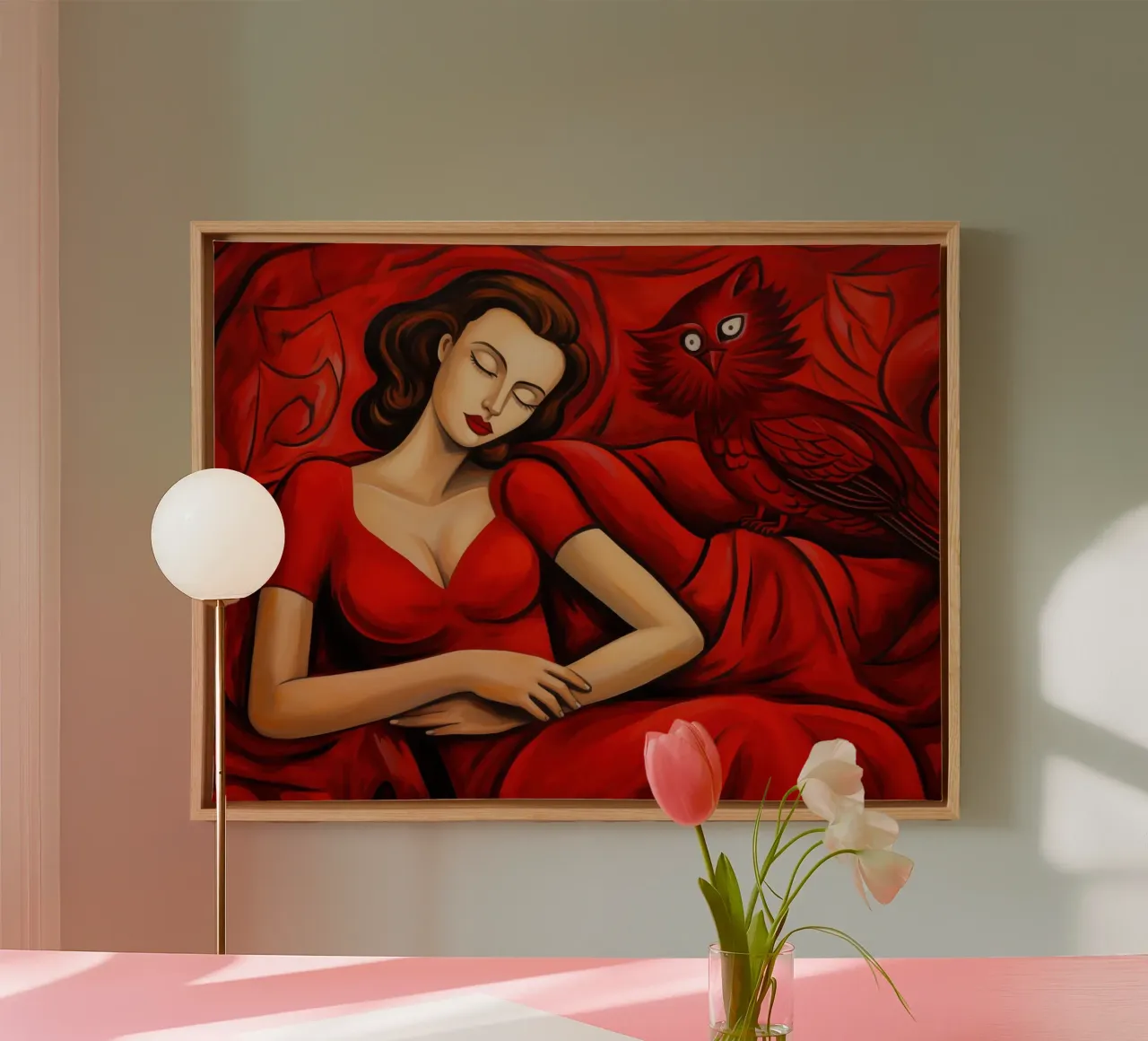 Sogno rosso | Donna con gufo | Pittura classica tela con Cornice a cassetta da Autofocus