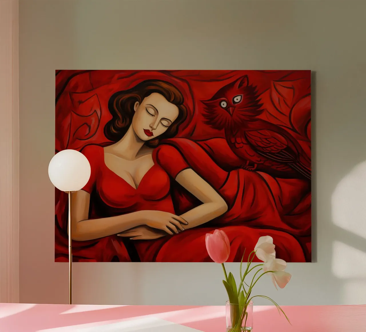 Sogno rosso | Donna con gufo | Pittura classica tela con Cornice a cassetta da Autofocus
