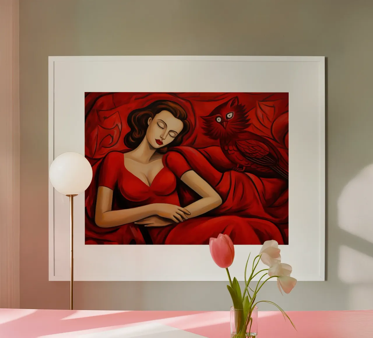 Sogno rosso | Donna con gufo | Pittura classica carta hahnemühle da Autofocus
