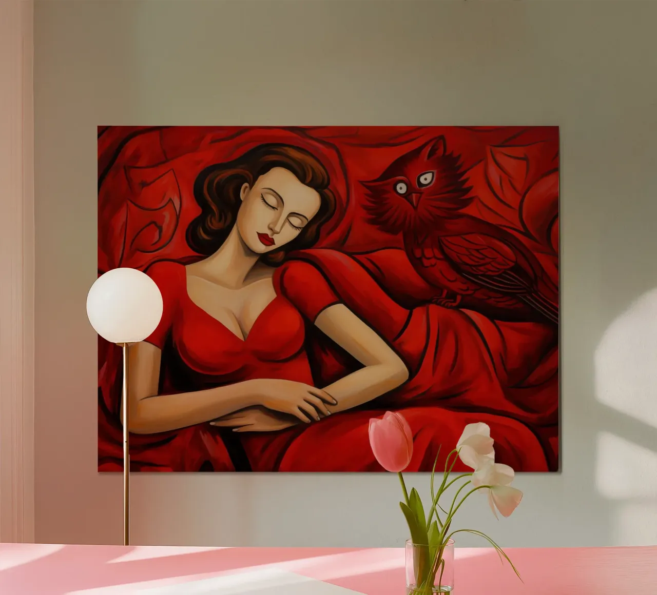Sogno rosso | Donna con gufo | Pittura classica carta hahnemühle da Autofocus