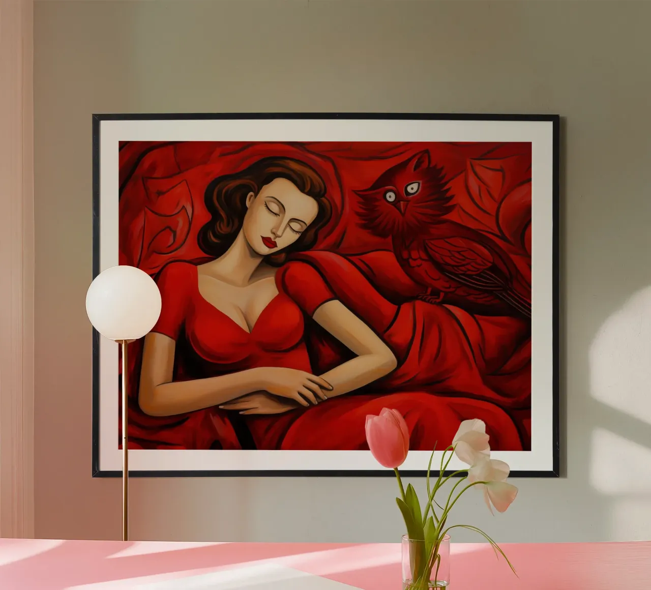Sogno rosso | Donna con gufo | Pittura classica carta hahnemühle da Autofocus