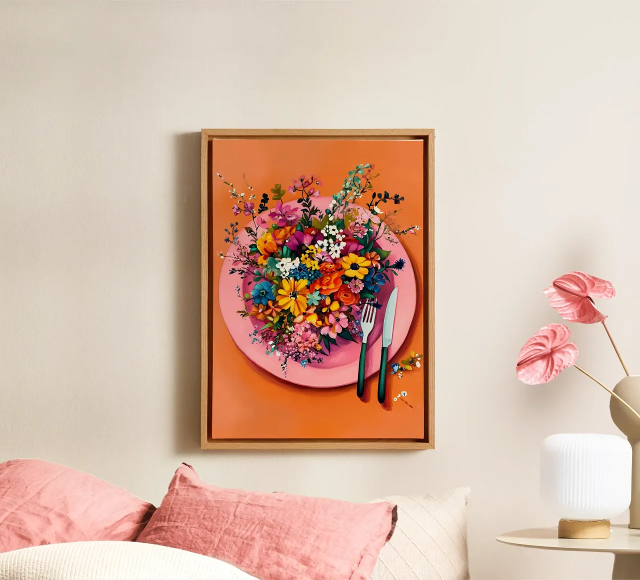 Guten Appetit, Blumen auf dem Teller Leinwand mit Schattenfugenrahmen von IamHomeStudio