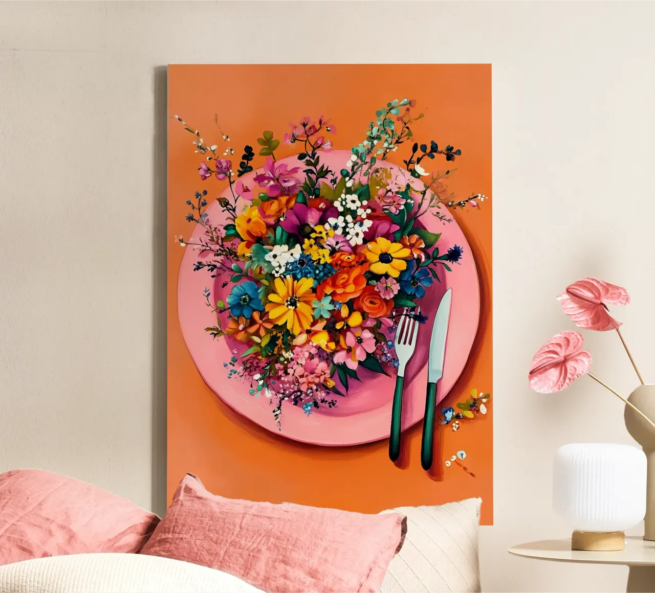 Guten Appetit, Blumen auf dem Teller Leinwand mit Schattenfugenrahmen von IamHomeStudio