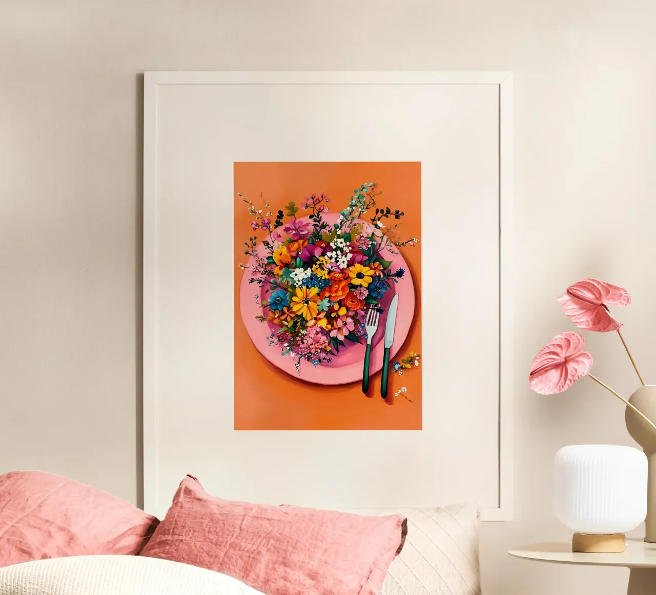 Bon Appetit, Flores en el plato poster con marco de aluminio de IamHomeStudio