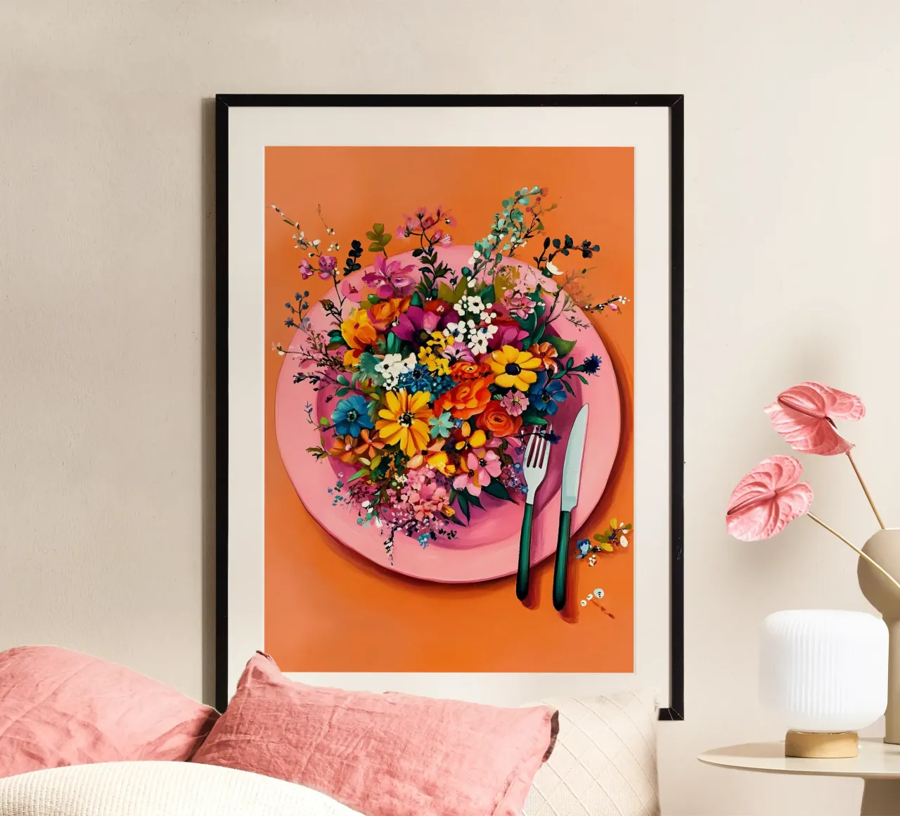 Bon Appetit, Flores en el plato poster con marco de aluminio de IamHomeStudio