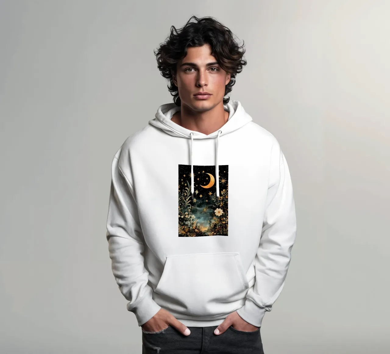 Cielo notturno celeste, Luna Stelle Fiori felpa con cappuccio da IamHomeStudio