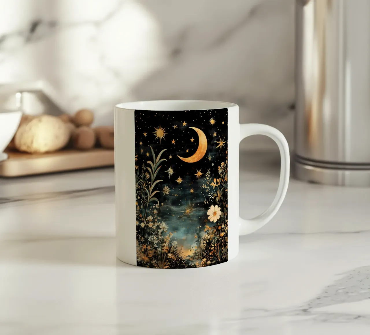 Cielo notturno celeste, Luna Stelle Fiori tazza in ceramica da IamHomeStudio