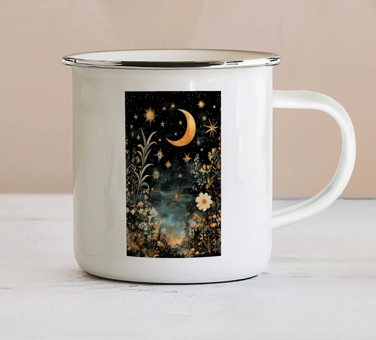 Cielo notturno celeste, Luna Stelle Fiori tazza in smalto da IamHomeStudio
