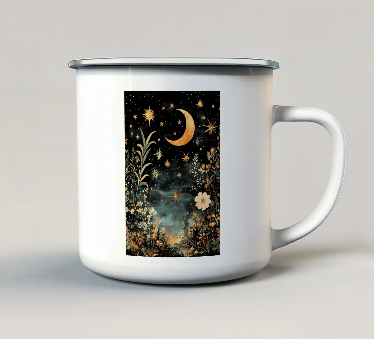 Cielo notturno celeste, Luna Stelle Fiori tazza in smalto da IamHomeStudio