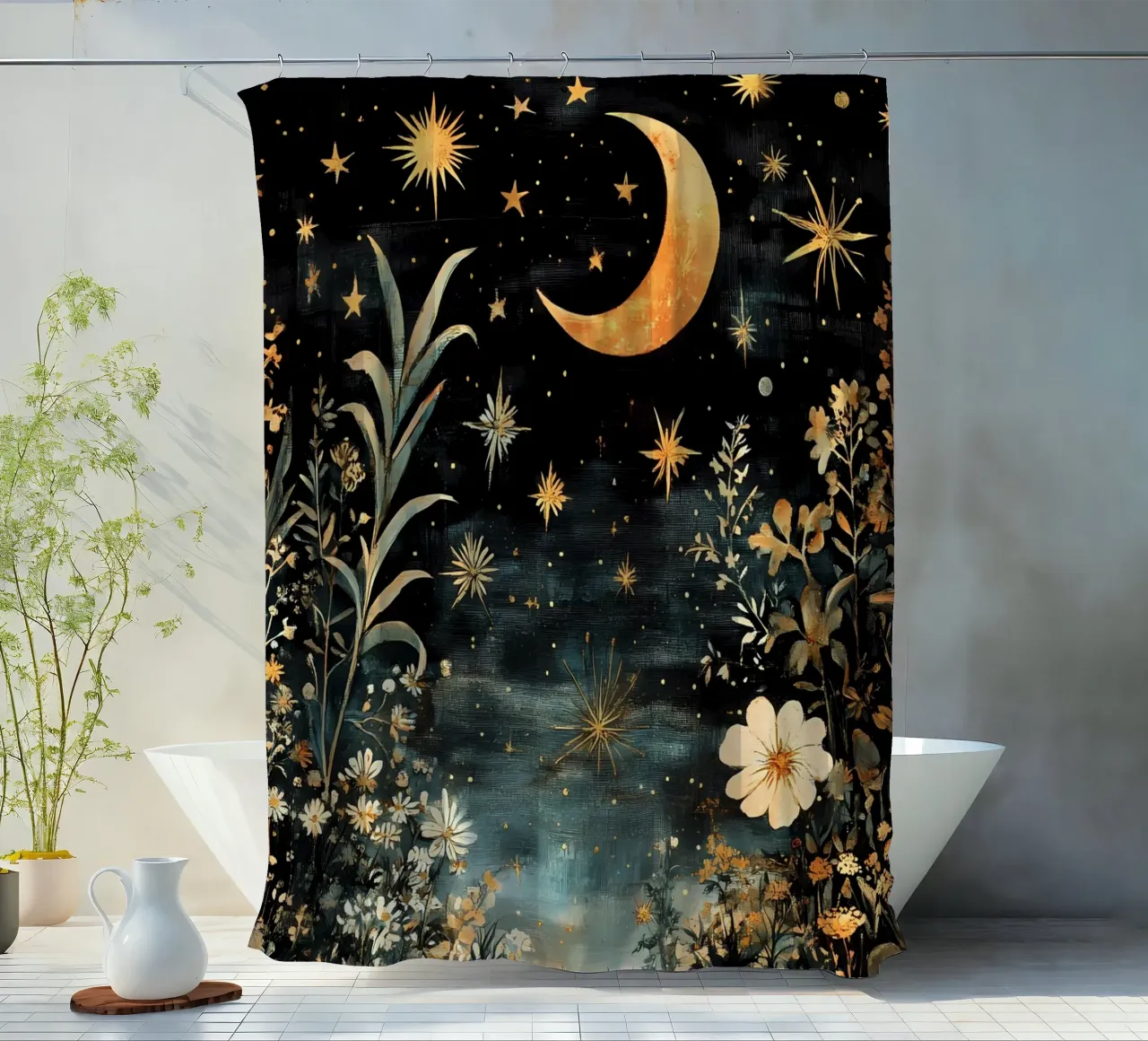 Celestial Night Sky, Moon Stars Flowers shower curtain by IamHomeStudio