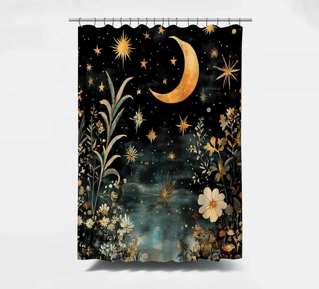 Celestial Night Sky, Moon Stars Flowers shower curtain by IamHomeStudio