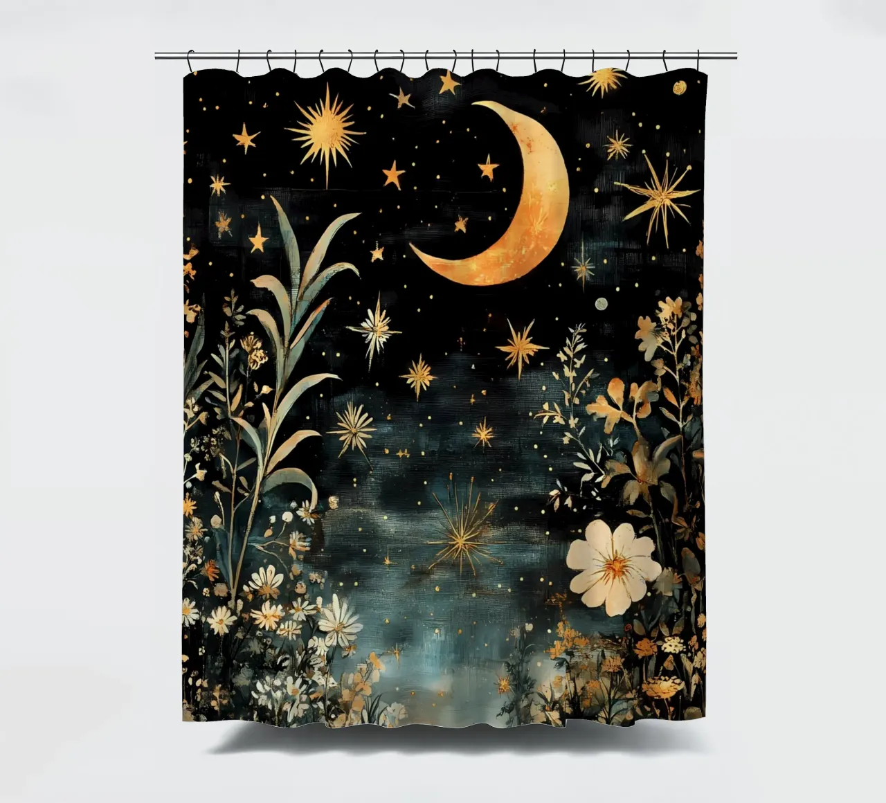 Celestial Night Sky, Moon Stars Flowers shower curtain by IamHomeStudio