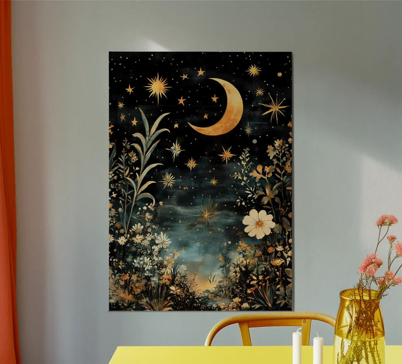 Cielo notturno celeste, Luna Stelle Fiori alluminio dibond da IamHomeStudio
