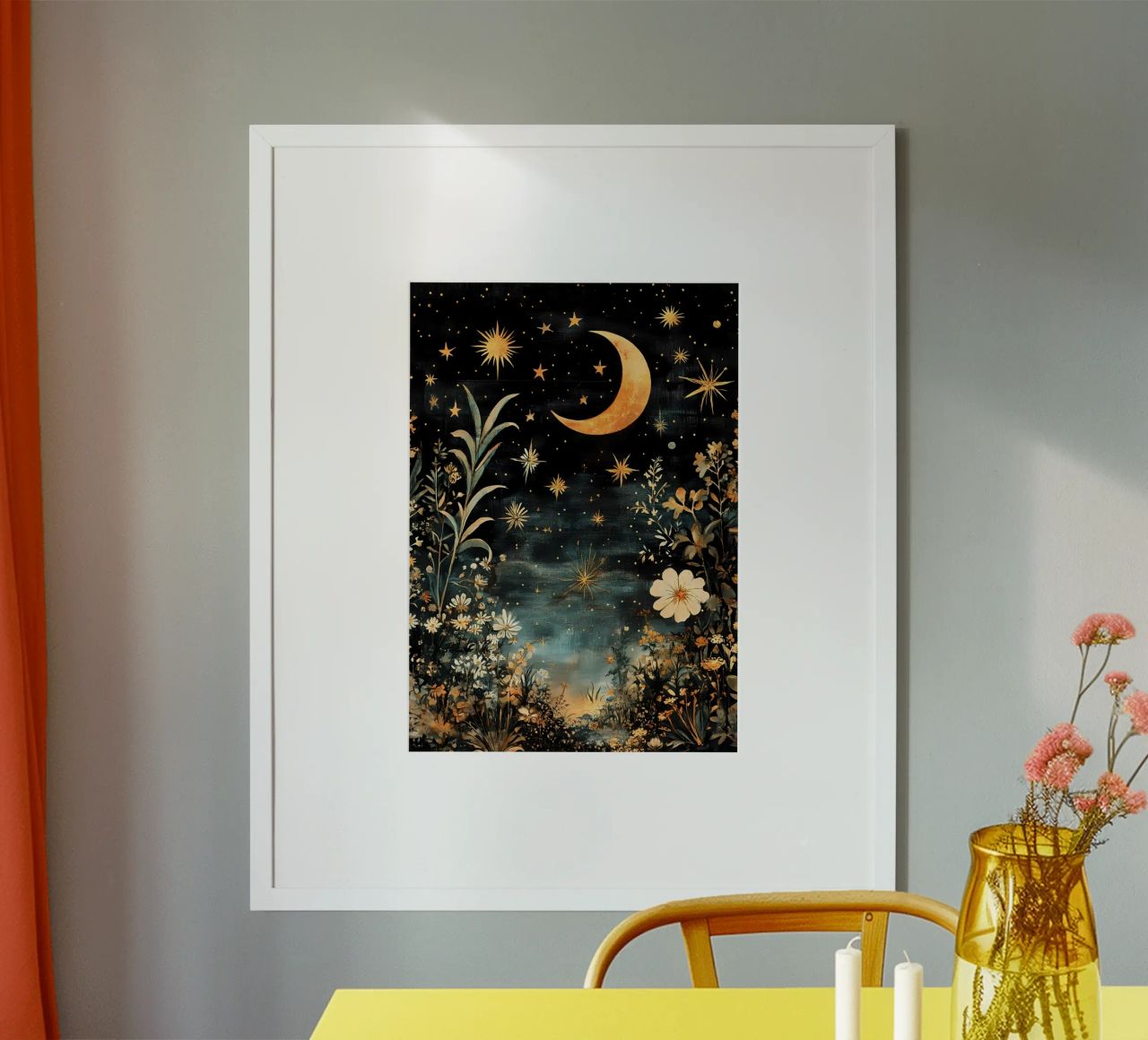Celestial Night Sky, Moon Stars Flowers poster by Olga Wildrose