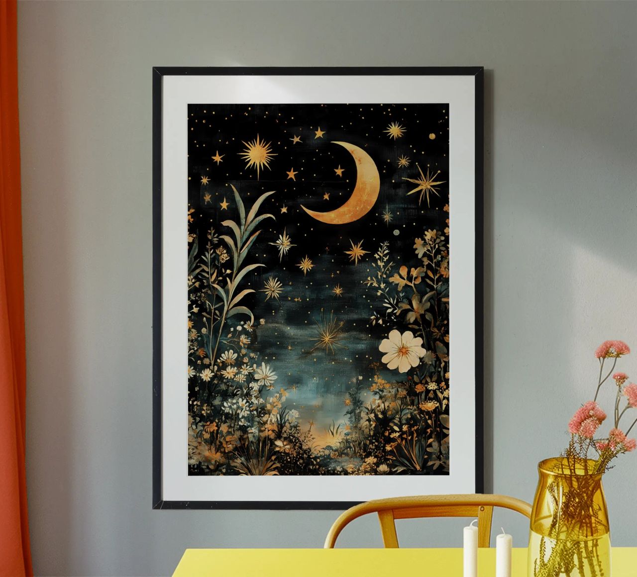 Celestial Night Sky, Moon Stars Flowers poster by Olga Wildrose