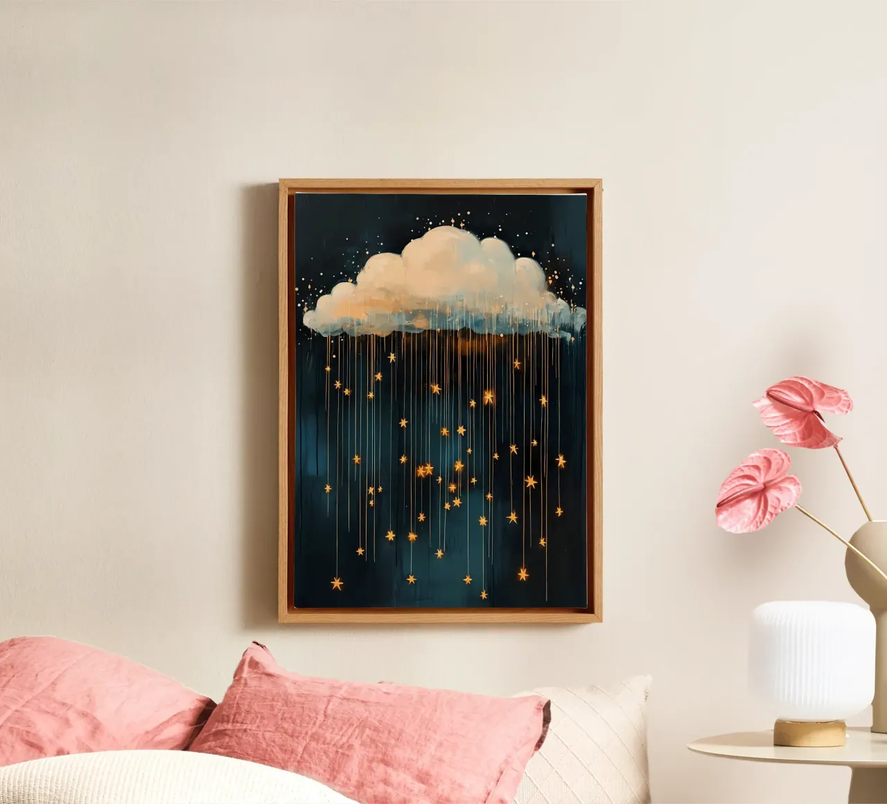 Wolk met sterren, donkerblauw & goud canvas met Baklijst van IamHomeStudio