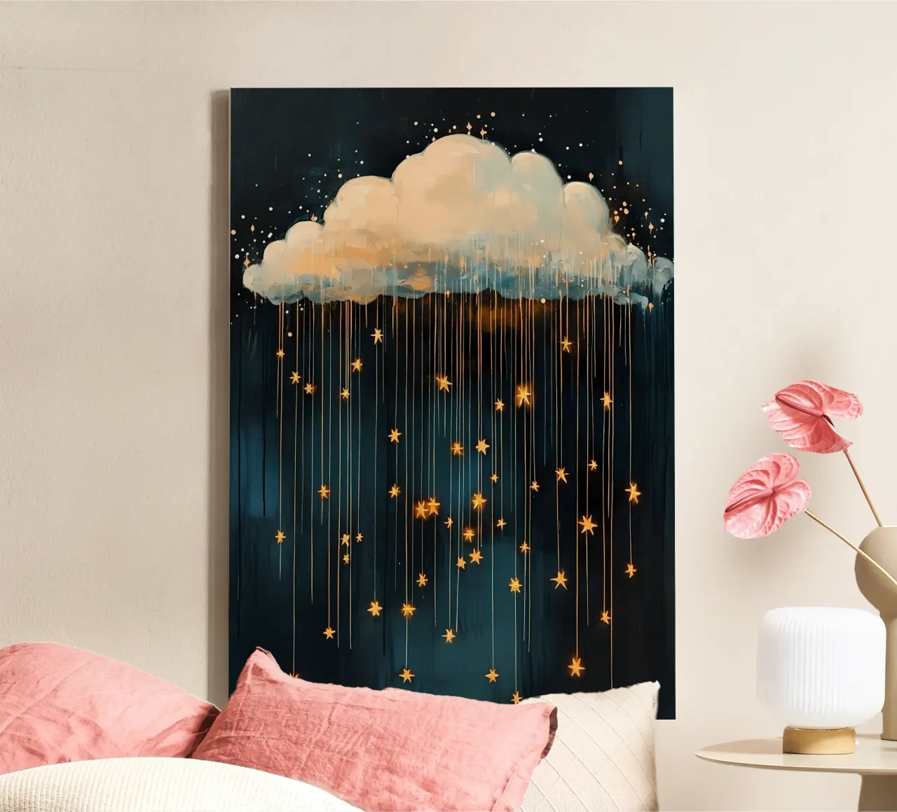 Wolk met sterren, donkerblauw & goud canvas met Baklijst van IamHomeStudio